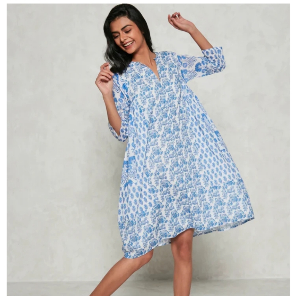 Ro's Garden Bhopali Floral Print Split V-Neck 3/4 Sleeve Caftan Dress